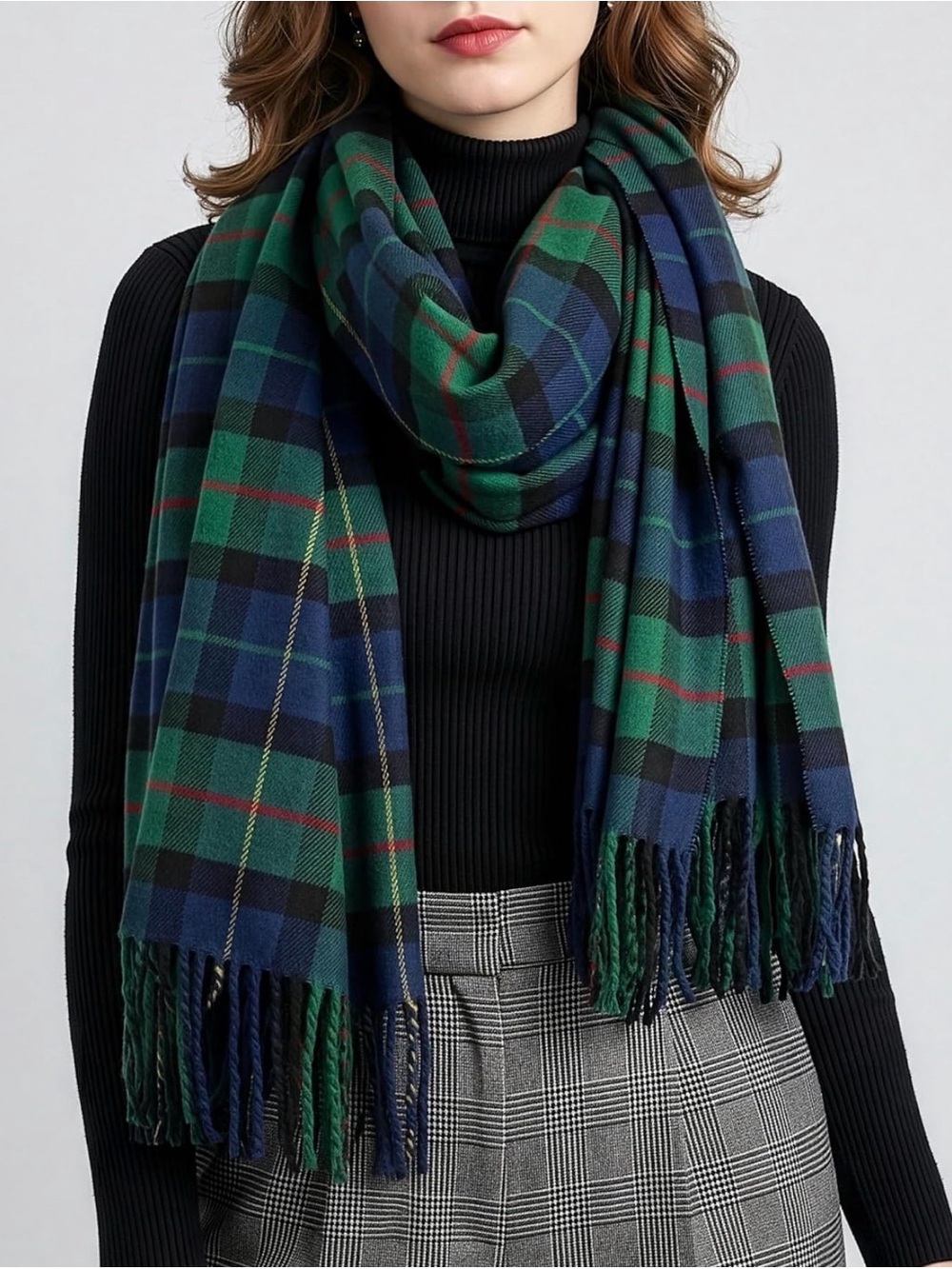 Classic Green & Navy Plaid Fringe Scarf by